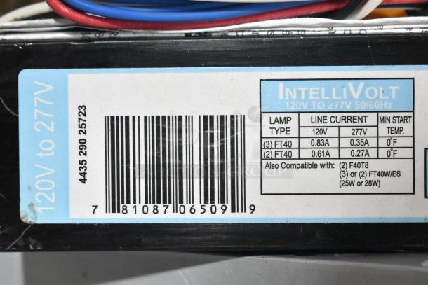 IntelliVolt ballast label showing 120-277V compatibility, suitable for FT40 and F40T8 lamps, line current details, and barcode.