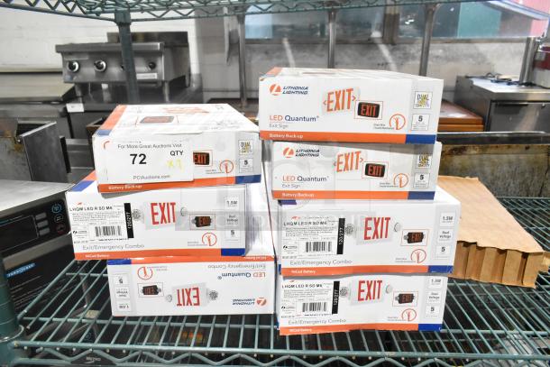 Seven brand new Lithonia Lighting LED Quantum exit signs with backup batteries, packaged, dual voltage capability.