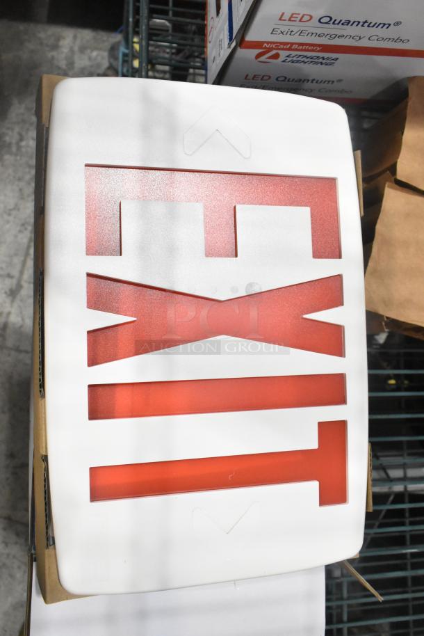 Brand new Lithonia Lighting exit sign with red letters on a white background; features durable construction.