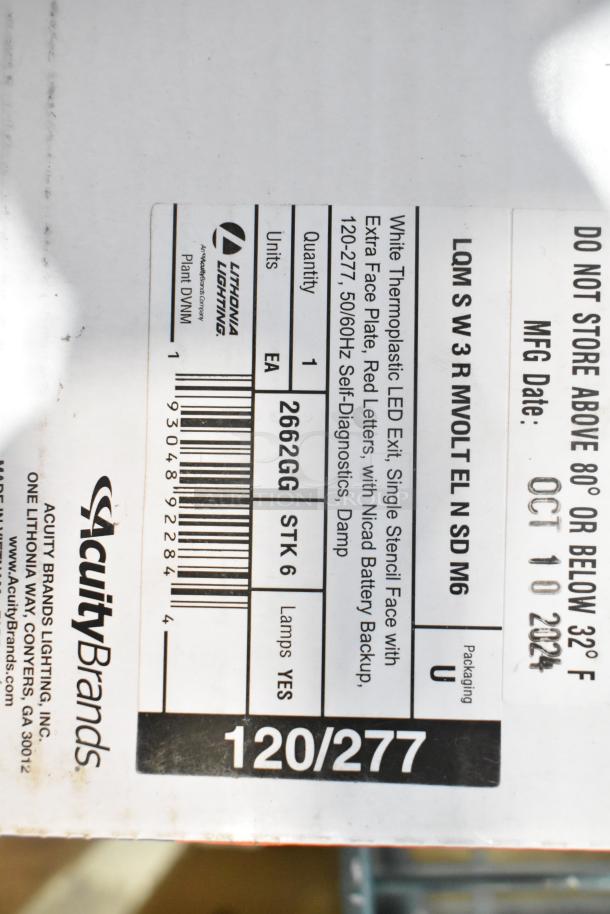 7 brand new Lithonia Lighting exit signs, model LQM S W3 R M6, white thermoplastic, red letters, LED, battery backup.
