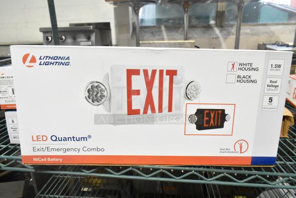 7 brand new Lithonia Lighting LED exit signs, dual voltage, white housing, 1.5W, 5-year warranty, NiCad battery.