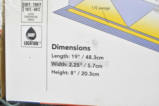 7 brand new Lithonia Lighting exit signs. Dimensions: 19"x2.25"x8". Suitable for damp locations. Temperature range: 50°F-104°F.