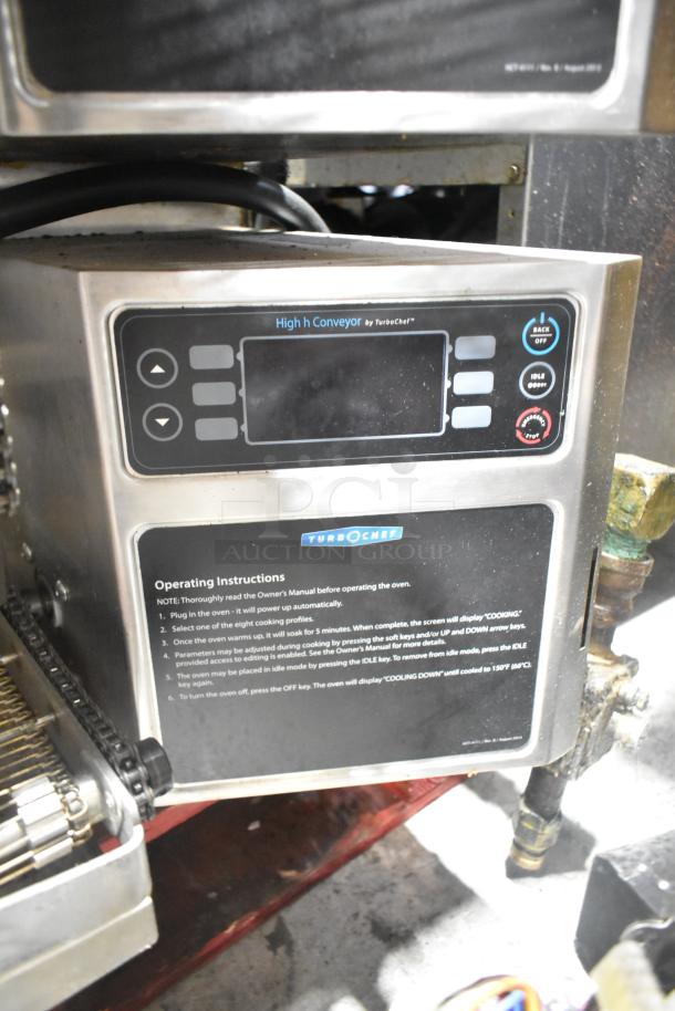 Turbochef HhC2020 stainless steel rapid cook conveyor oven, 208/240V, 3-phase, digital controls, instructions visible.