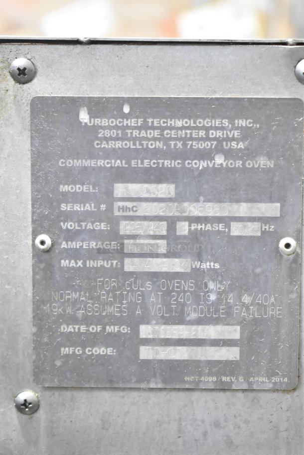 Turbochef HhC2020 stainless steel conveyor oven label, showing model, voltage, and date of manufacture.