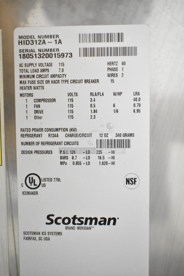 2018 Scotsman HID312A-1A stainless steel countertop nugget ice machine and water dispenser, hands-free, 115V, 1 phase.