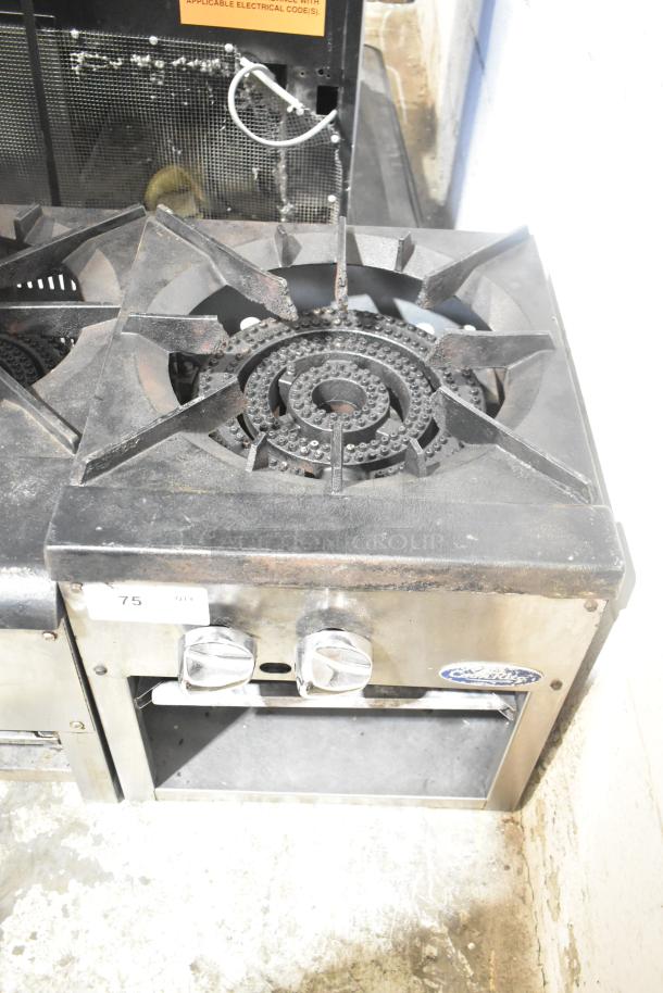 Cook Rite stainless steel commercial single burner stock pot range, gas powered, with control knobs, in used condition.