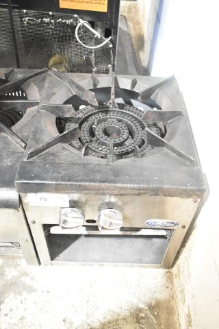 Cook Rite stainless steel commercial single burner stock pot range, gas powered, with control knobs, in used condition.