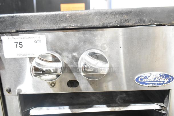 Cook Rite stainless steel commercial gas single burner stock pot range, dual control knobs, visible brand label, used.