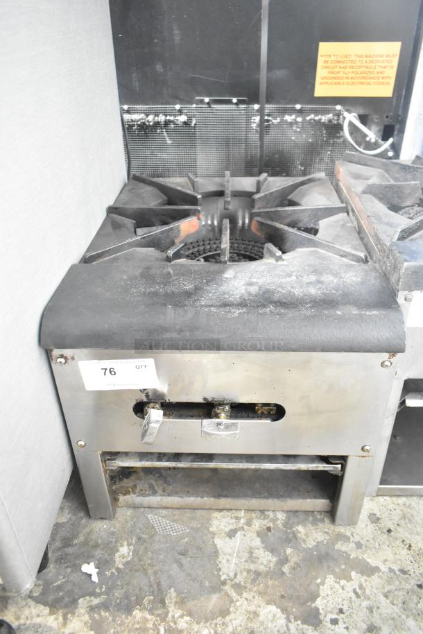 Stainless steel commercial gas-powered single burner stock pot range, used condition, visible label indicating item number 76.