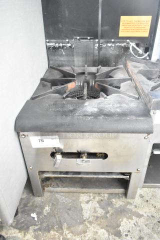 Stainless steel commercial gas-powered single burner stock pot range, used condition, visible label indicating item number 76.