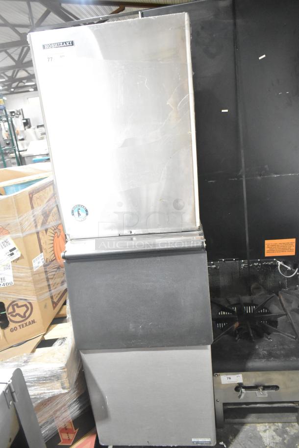 Hoshizaki KM-50MWH stainless steel commercial ice head on bin. Good condition, 115-120 volts, 1 phase. Model label visible.