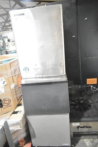 Hoshizaki KM-50MWH stainless steel commercial ice head on bin. Good condition, 115-120 volts, 1 phase. Model label visible.