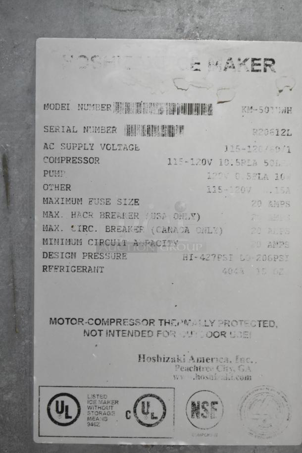 Hoshizaki KM-50MWH ice head label showing model, serial number R20812L, voltage 115-120V, and certifications.