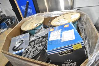 Pallet lot with spools of wire, wrapped in plastic, including Paige wire boxes and various items. Condition: new/unused.