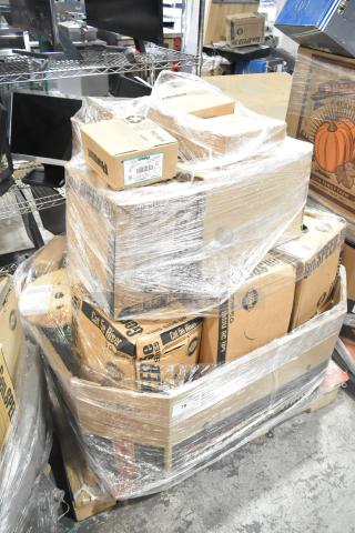18 brand new boxes on a pallet, including Panduit Netkey NK5EPC3Y Patch Cord and NK4FWHY Faceplate, wrapped in plastic.