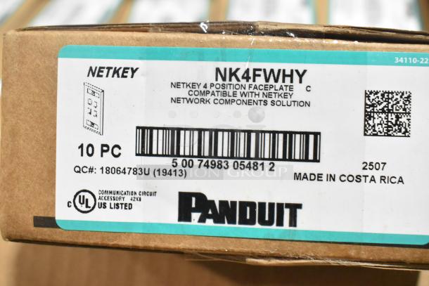18 new boxes of Panduit Netkey NK5EPC3Y patch cords, NK4FWHY faceplates. Made in Costa Rica. UL listed. 10 pieces per box.