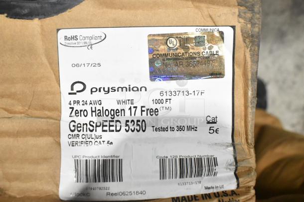 18 new boxes with Panduit Netkey NK5EPC3Y patch cords and NK4FWHY faceplates. Image shows a Prysmian GenSPEED 5350 label, UL certified, 1000 ft, Cat 5e.