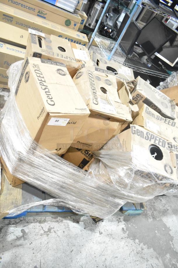 14 new GenSpeed 5e Series boxes, zero halogen, wrapped on a pallet. Labels show "17 Free" offer. Prysmian Group brand.