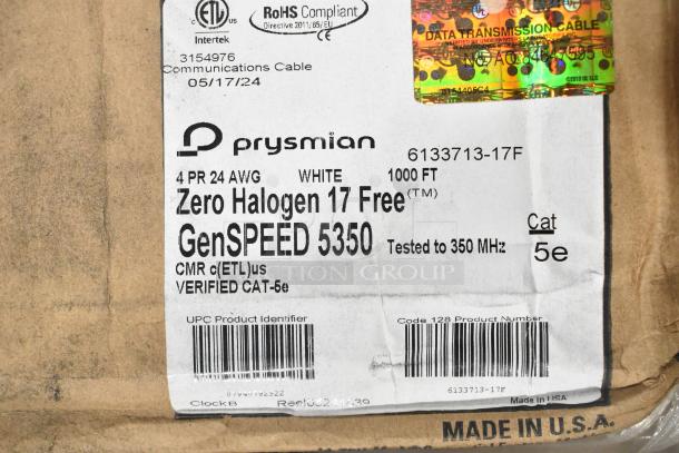 GenSPEED 5350 Zero Halogen CAT 5e cable, 1000 ft, white, 4 PR 24 AWG, tested to 350 MHz. Verified CMR. 14 new boxes.
