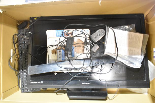 Emerson Essential Monitor with original box, includes a keyboard and cables, moderate condition. Buyer pickup required.