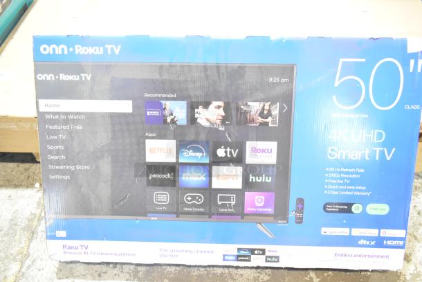 IN ORIGINAL BOX! Onn 50" Roku 4K UHD Smart TV, 2160p, 60Hz, 3 HDMI inputs, local pickup only.