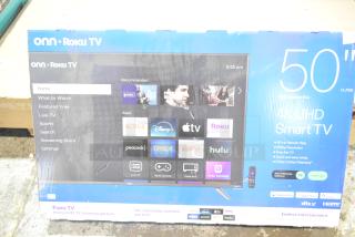 IN ORIGINAL BOX! Onn 50" Roku 4K UHD Smart TV, 2160p, 60Hz, 3 HDMI inputs, local pickup only.