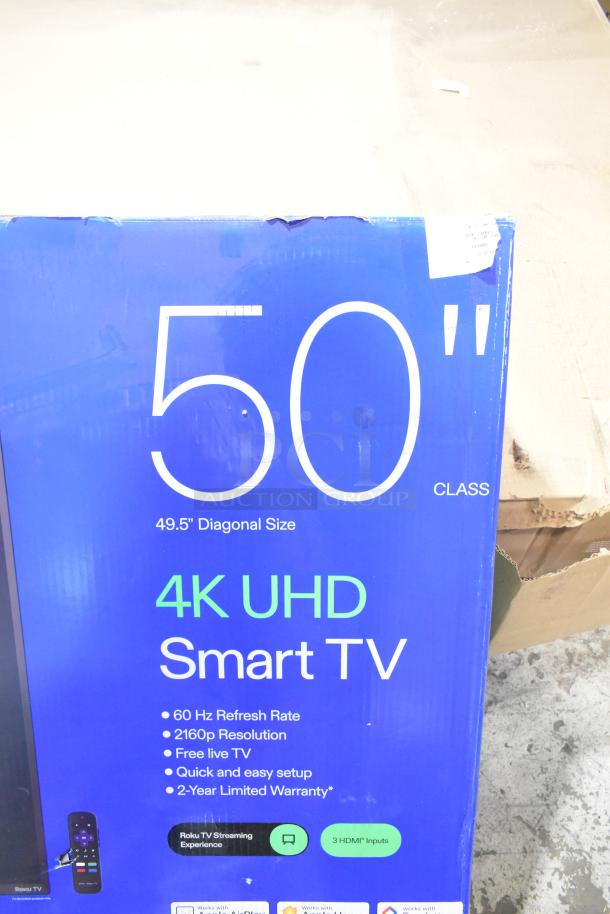 Onn 50" Roku 4K UHD Smart TV in original box, 49.5" diagonal, featuring 60 Hz refresh rate, three HDMI inputs. Buyer pickup only.