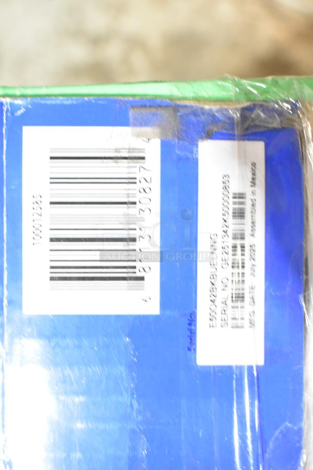 Onn 50" Roku 4K UHD Smart TV in original box with barcode and label showing manufacturing details. Buyer must pick up.