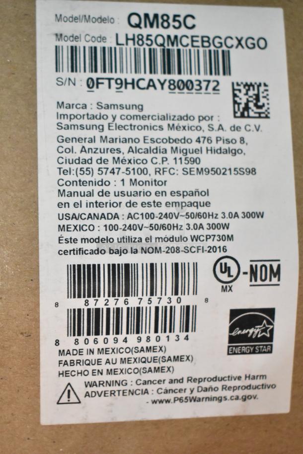 IN ORIGINAL BOX! Samsung QM85C 85" LED Display, model LH85QMCEBGCXGO, Energy Star certified. Buyer must pick up.