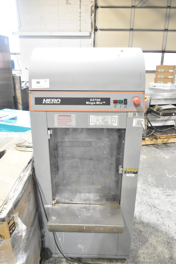 Hero S2700 Mega-Mix 5 Gallon Vibrational Shaker in used condition. Features control panel, emergency stop, and caution labels.
