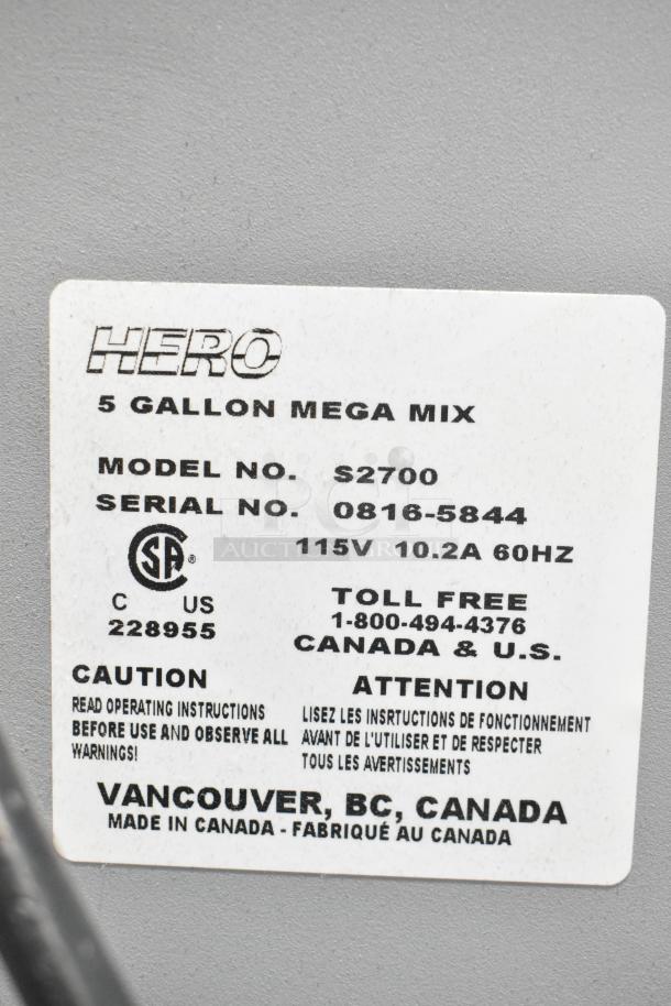 Label on Hero S2700 Mega-Mix Shaker showing model, serial number, and voltage details. Made in Canada.