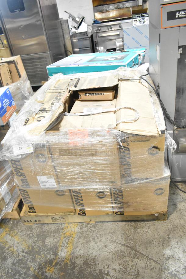 Pallet of 20 brand new items, including Panduit Netkey NK5EPC7Y patch cords and GenSpeed 5e Series cables, in original boxes.