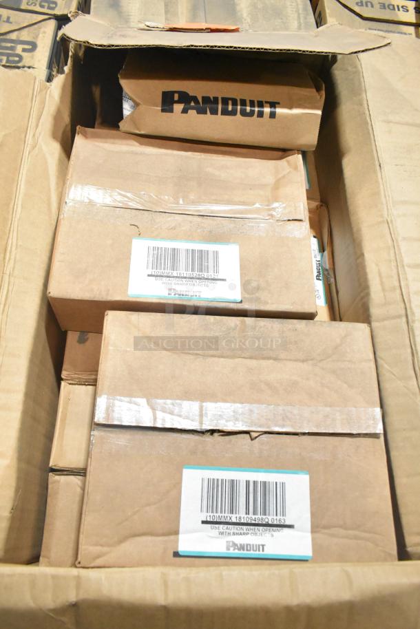 Cardboard box containing new Panduit Netkey NK5EPC7Y patch cords and GenSpeed 5e cables, with visible labels.