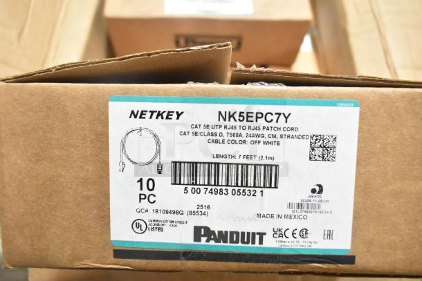 Panduit Netkey NK5EPC7Y Cat 5e patch cord box, 10 pieces, 7 feet length, off-white, new, with label details visible.