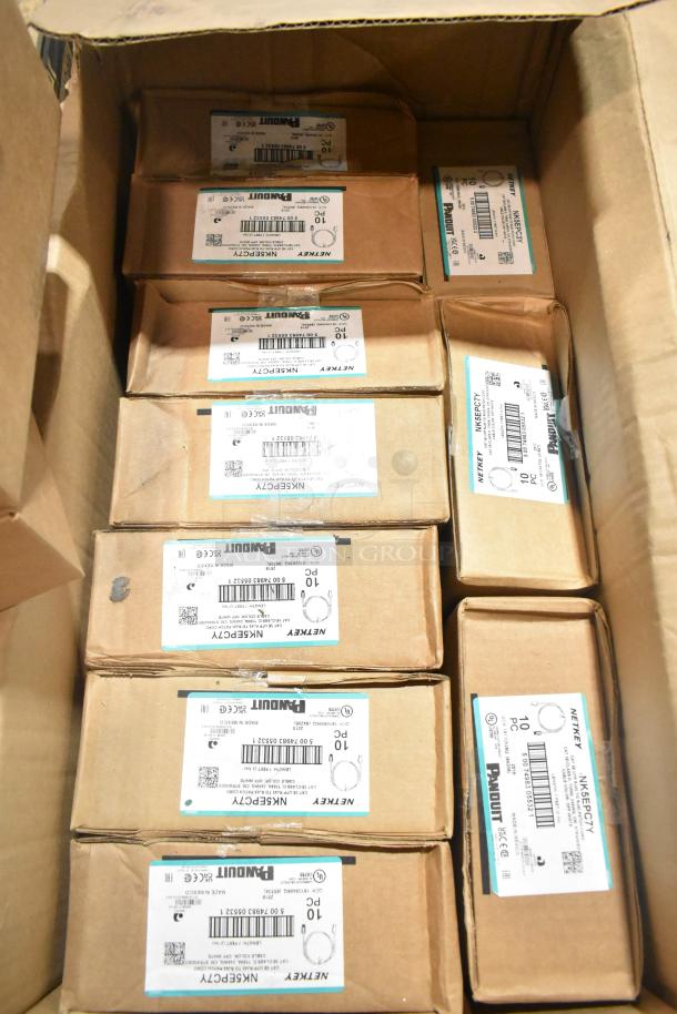 Box of 20 brand new Panduit Netkey NK5EPC7Y patch cords, GenSpeed 5e series cables, labeled for quality assurance.