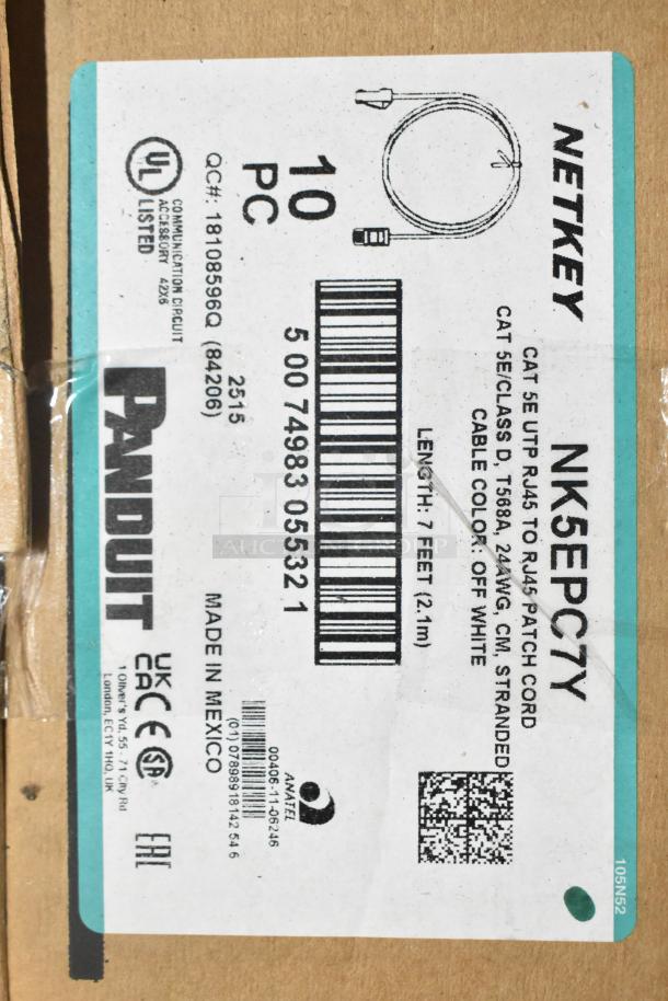 Box of 10 Panduit Netkey NK5EPC7Y Cat 5e patch cords, off-white, 7 feet, new. Includes GenSpeed 5e series cable offer.