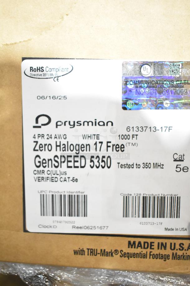 Panduit Netkey NK5EPC7Y Patch Cord, GenSpeed 5e Series Cable label, stating RoHS compliant, 1000 ft, white, CAT-5e.