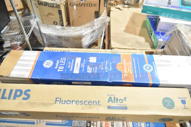 25 new Philips, GE, and Sylvania fluorescent and LED tube lights. Includes GE T8 LED Daylight, Philips Alto Fluorescent. 