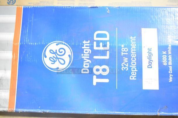 Box of GE T8 LED Daylight Tube Lights, 32W, 6500K, brand new condition, part of 25-item auction set.
