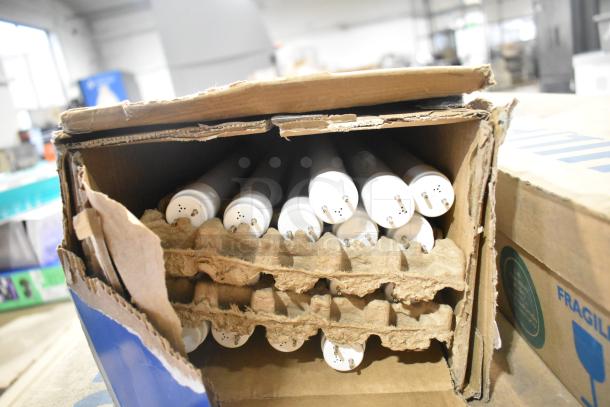 Box of brand new Philips, GE, Sylvania tube lights. Includes fluorescent and T8 LED daylight bulbs. 25 items total.