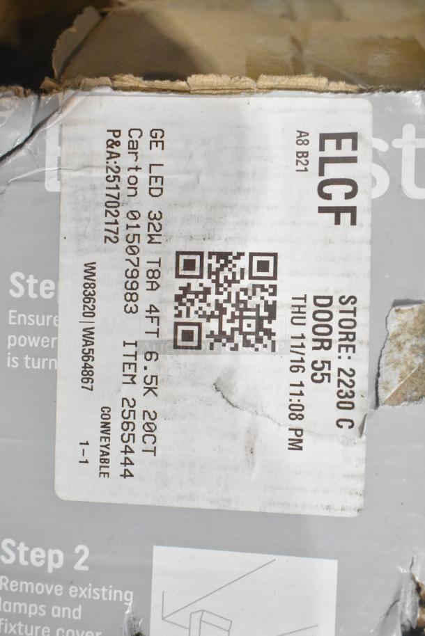 Box of GE LED 32W T8A tube lights with label. Brand new condition. Contains 25 items including Philips and Sylvania tubes.