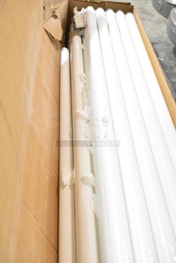 Box of 25 new tube lights, including Philips fluorescent, GE T8 LED daylight, and Sylvania. Excellent condition.