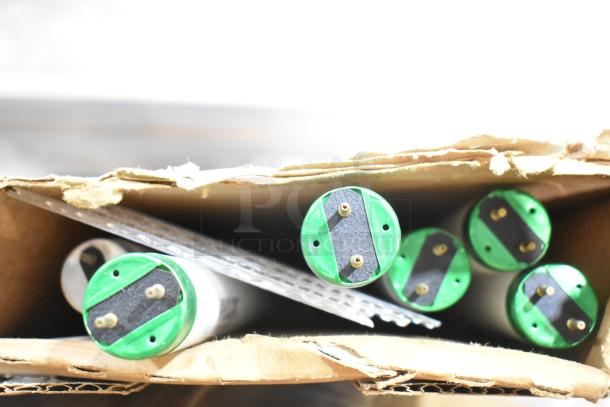 Box containing 25 new fluorescent and LED tube lights, including Philips, GE T8 LED, and Sylvania brands.