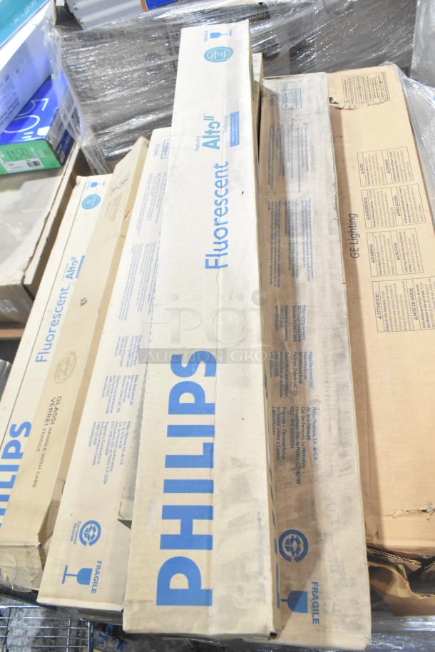 25 new lighting items including Philips fluorescent, GE T8 LED, and Sylvania tube lights in original packaging.