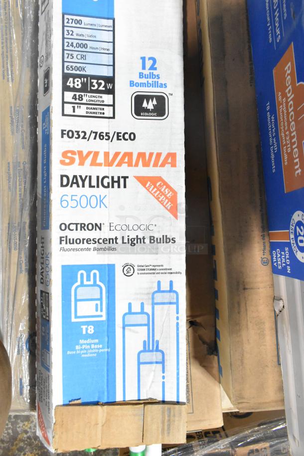 Box of 12 Sylvania Octron ECO T8 6500K fluorescent light bulbs, featuring 2700 lumens, 32 watts, and 24,000 hours lifespan.
