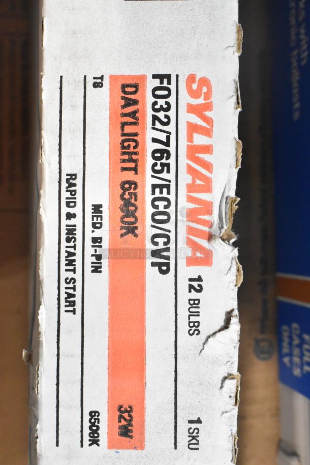 Box of Sylvania T8 Daylight Fluorescent Tubes, 32W, 6500K, rapid start, 12 bulbs, model F032765/ECO/CVP, brand new.