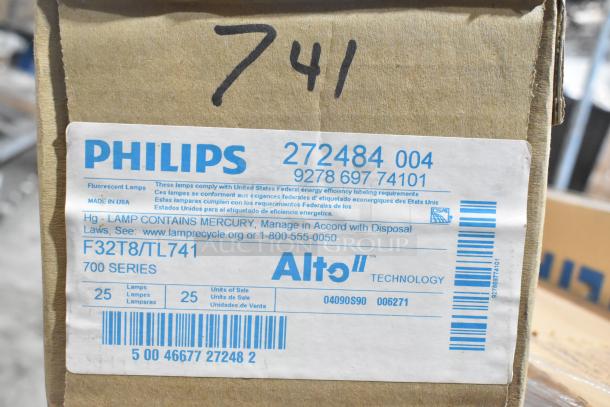 Box of Philips F32T8/TL741 fluorescent lamps with label showing details and barcodes. Brand new condition.