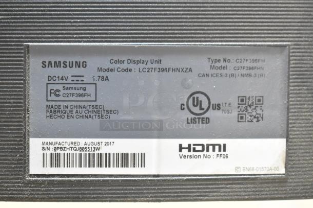 Label on Samsung C27F396FHN monitor, model code LC27F396FHNXZA, manufactured August 2017. HDMI version FF06.