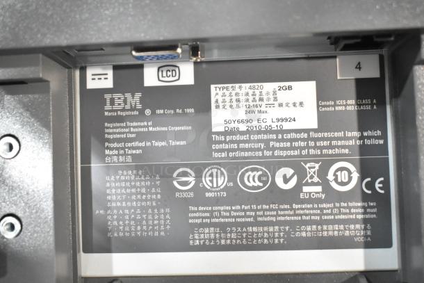 5 Computer Monitors label detailing IBM brand, Type 4820, made in Taiwan, 2010. Includes mercury warning and compliance marks.