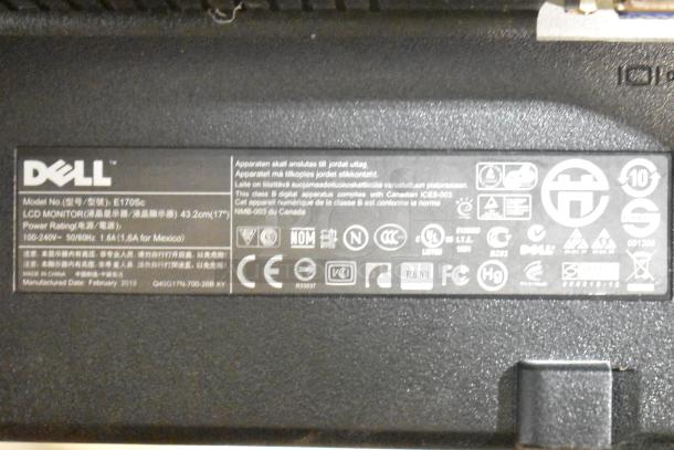 Dell E170S LCD monitor label, 17-inch, model E170S, power rating 100-240V, manufactured February 2010, multiple certifications.